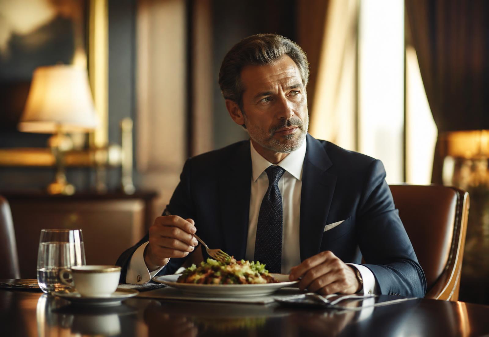 Executive dining on a freshly prepared personalized meal at a premium office table